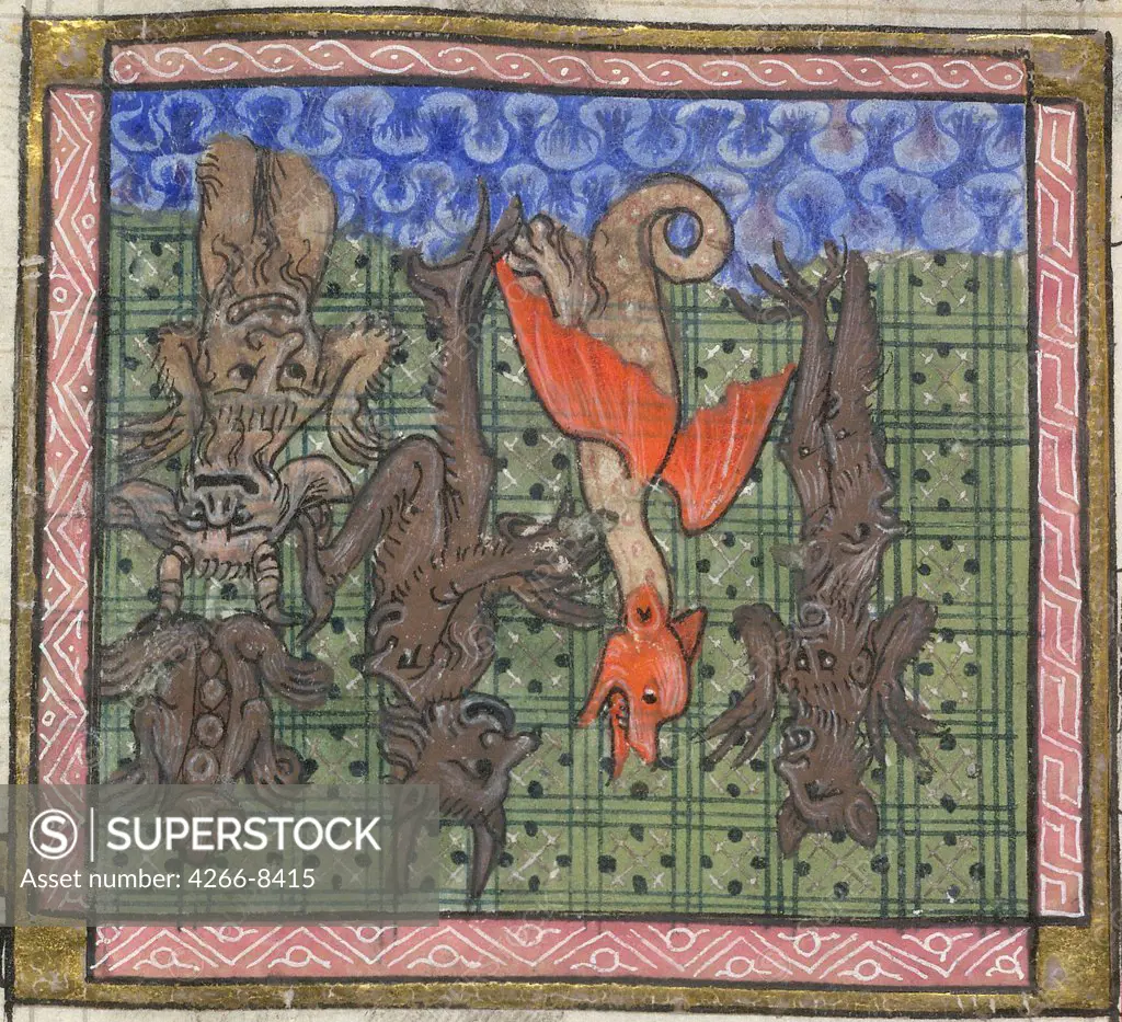 Illustration with dragon and demons by Anonymous artist, Watercolour on parchment, circa 1370-1375, British Library