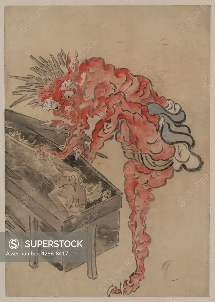 Illustration with demon Ibaraki by Anonymous artist, Watercolour and ink on paper, 19th century, USA, Washington D. C., Library of Congress, 39x27, 5