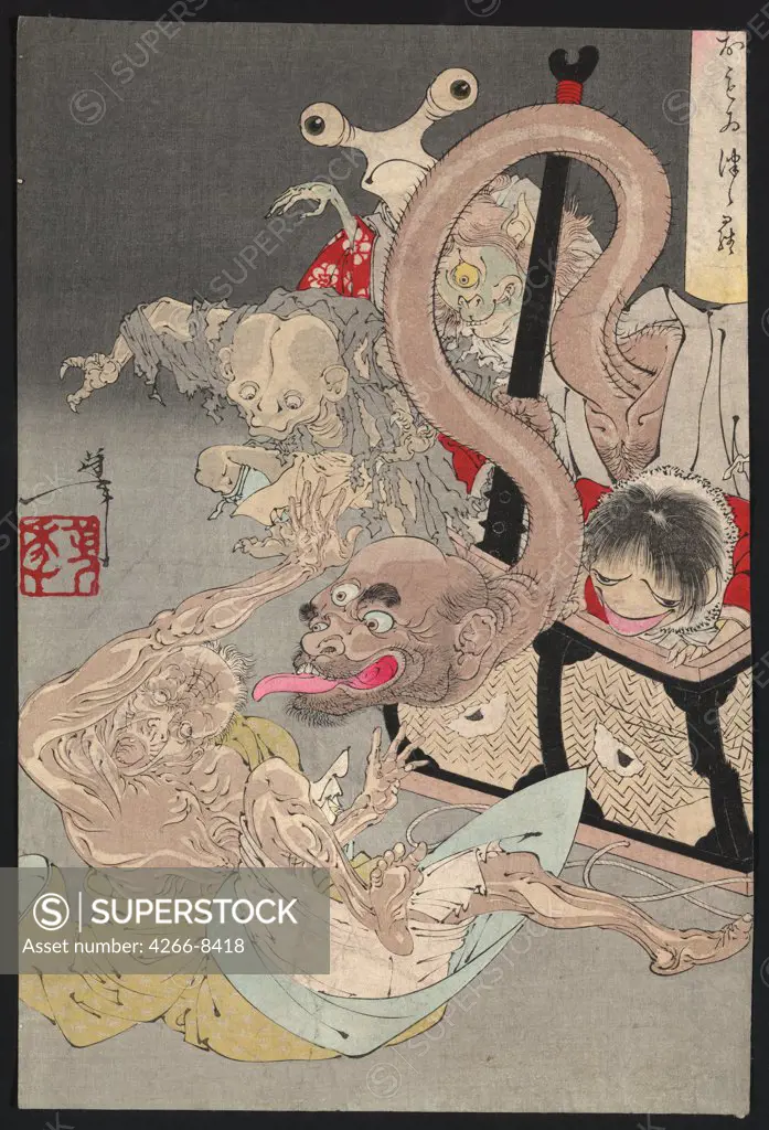 Man with demons by Tsukioka Yoshitoshi, Colour woodcut, 1880s, 1839-1892, USA, Washington D. C., Library of Congress, 31, 9x21, 4