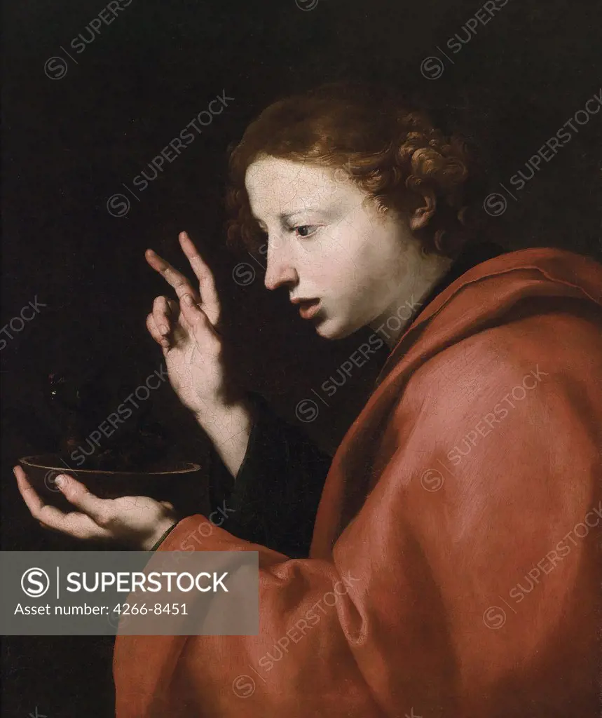 Religious illustration with Saint John The Evangelist by Jose de Ribera, Oil on canvas, 1591-1652, Private Collection, 73x60