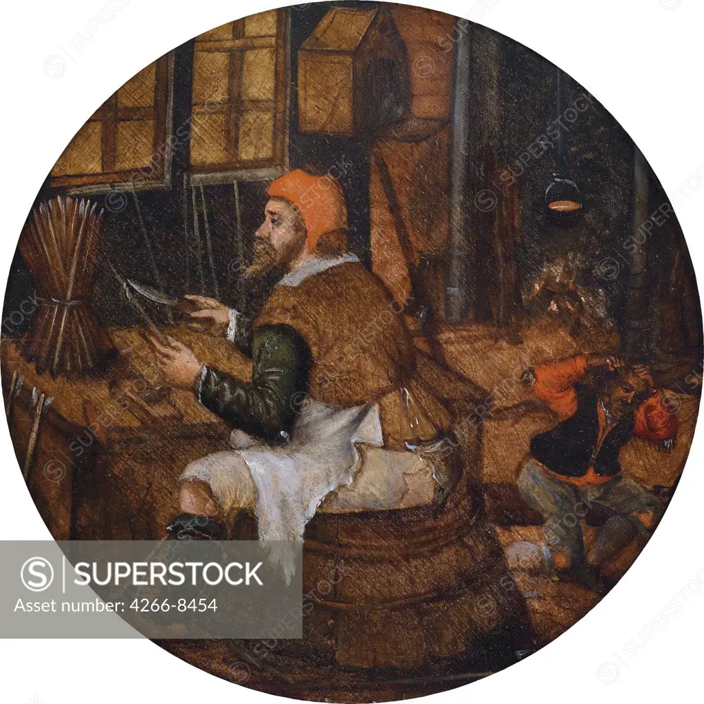 Man making arrows in workshop by Pieter Brueghel the Younger, Oil on wood, 1564-1638, Private Collection, D 19