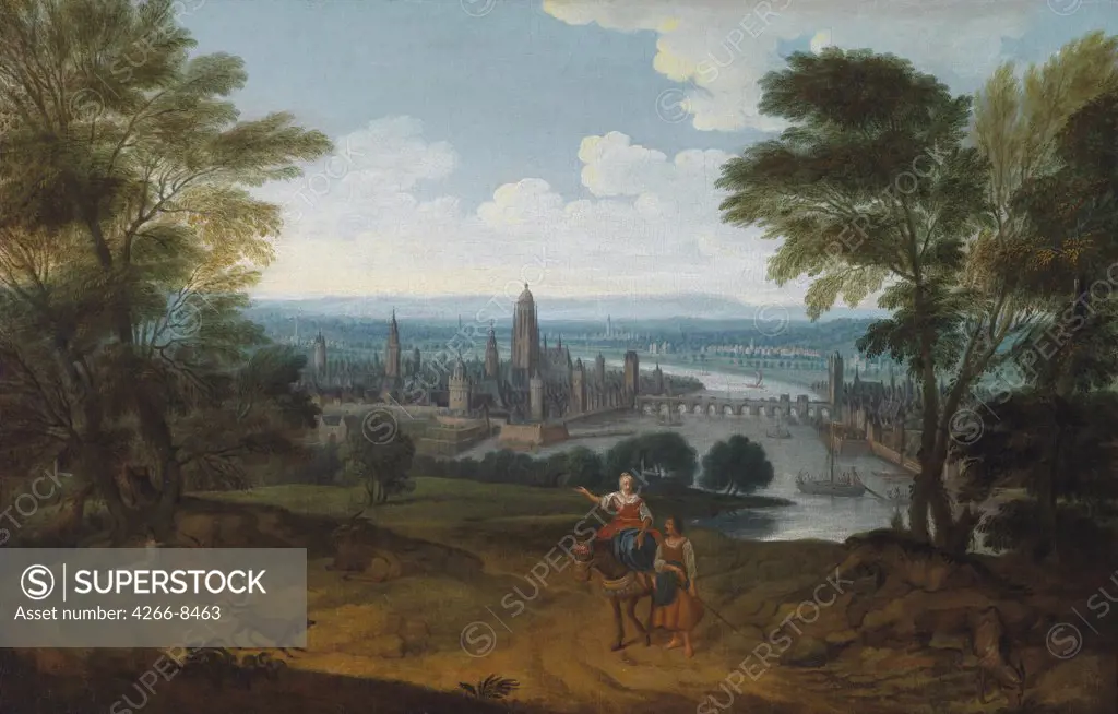 View of Frankfurt am Main by German master, Oil on canvas, 18th century, Private Collection, 46, 4x71, 4