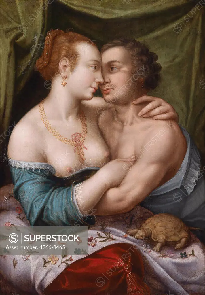 Amorous couple by Master of Prague, Oil on wood, circa 1600, active circa 1600, Private Collection, 38, 1x26, 7