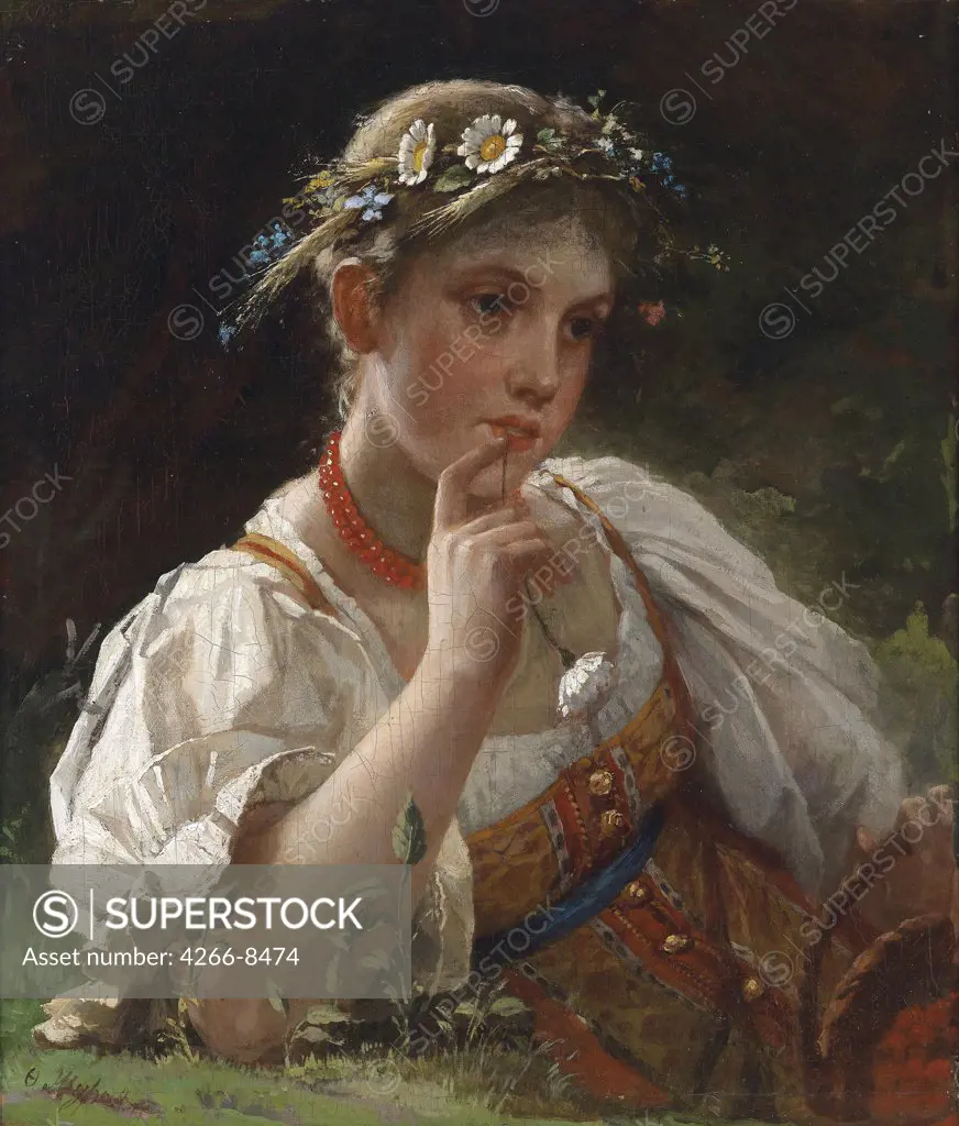 Portrait of girl wearing traditional clothing by Firs Sergeevich Zhuravlev, Oil on canvas, 1836-1901, Private Collection, 62x52