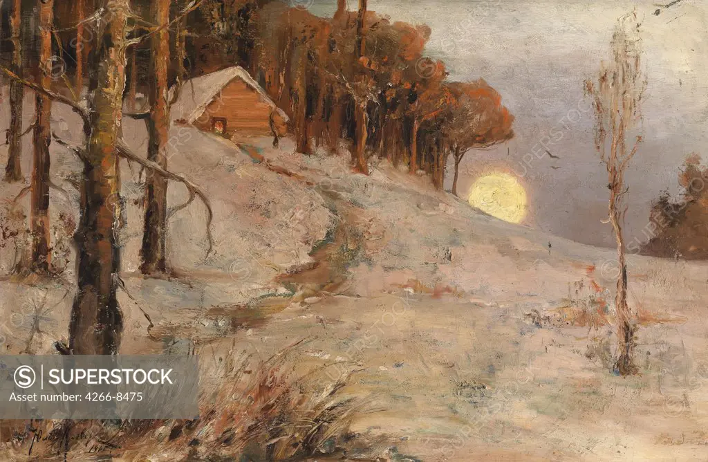 Winter landscape by Juli Julievich von Klever, Oil on wood, 1902, 1850-1924, Private Collection, 34x52