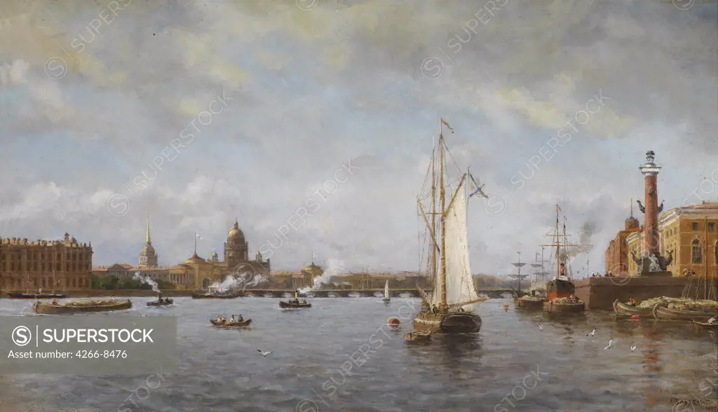 View of Neva River by Alexander Karlovich Beggrov, Oil on cardboard, 1898, 1841-1914, Private Collection, 36, 5x62, 8