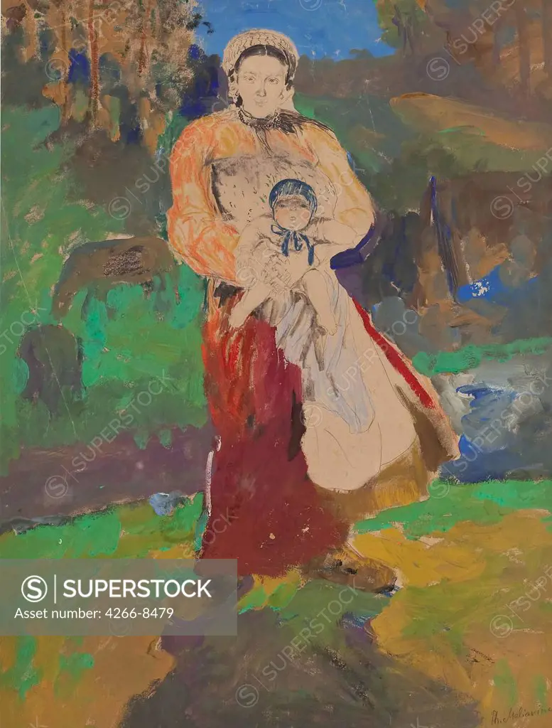 Portrait of mother with son by Filipp Andreyevich Malyavin, Pencil, pastel and tempera on paper, 1869-1940, Private Collection, 60x46