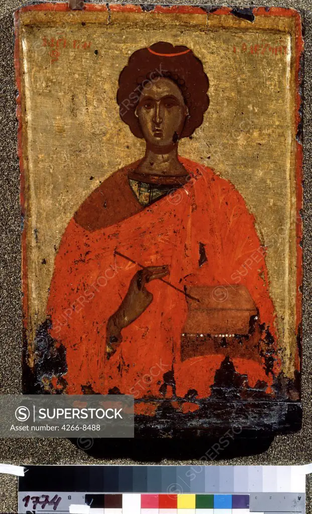Byzantine icon with Saint Pantaleon by anonymous artist, Egg tempera on wood, 15th century, Russia, Moscow, State A. Pushkin Museum of Fine Arts, 52x34