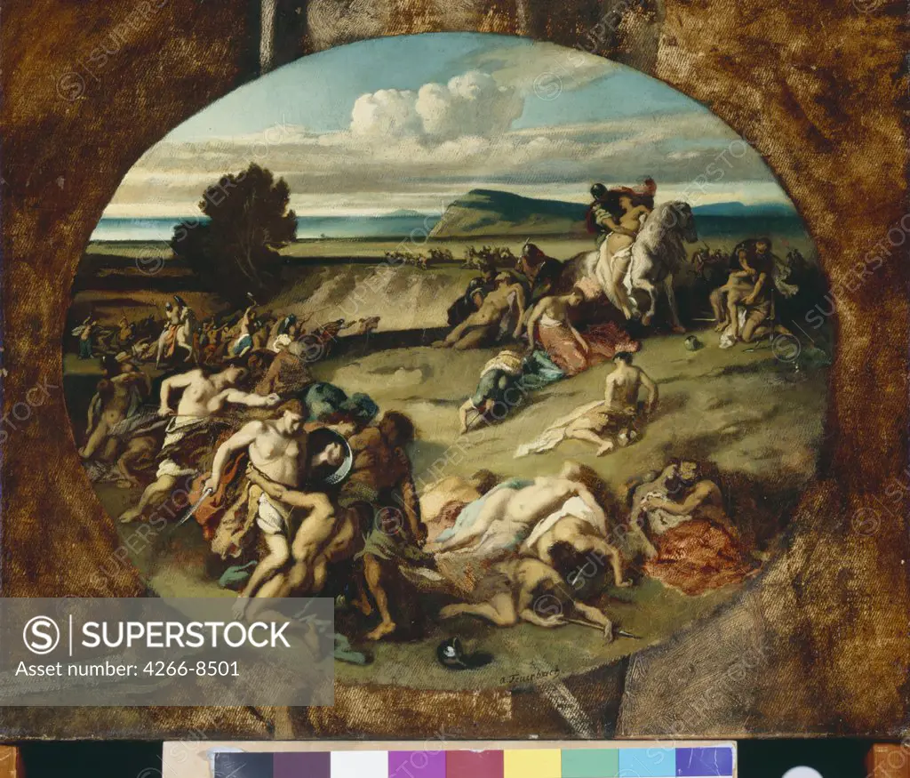 Battle Of Amazons by Anselm Feuerbach, Oil on canvas, 1857, 1829-1880, Germany, Oldenburg, Landesmuseum fur Kunst und Kulturgeschichte, 53x64, 5