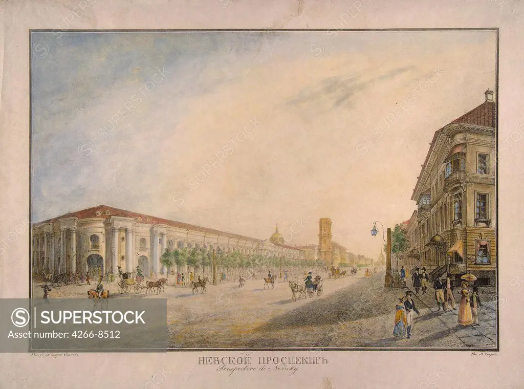 View of Guest Court on Nevsky Prospekt by Karl Petrovich Beggrov, Lithograph, watercolour, 1823, 1799-1875, Russia, St. Petersburg, State Hermitage, 29, 3x43, 2