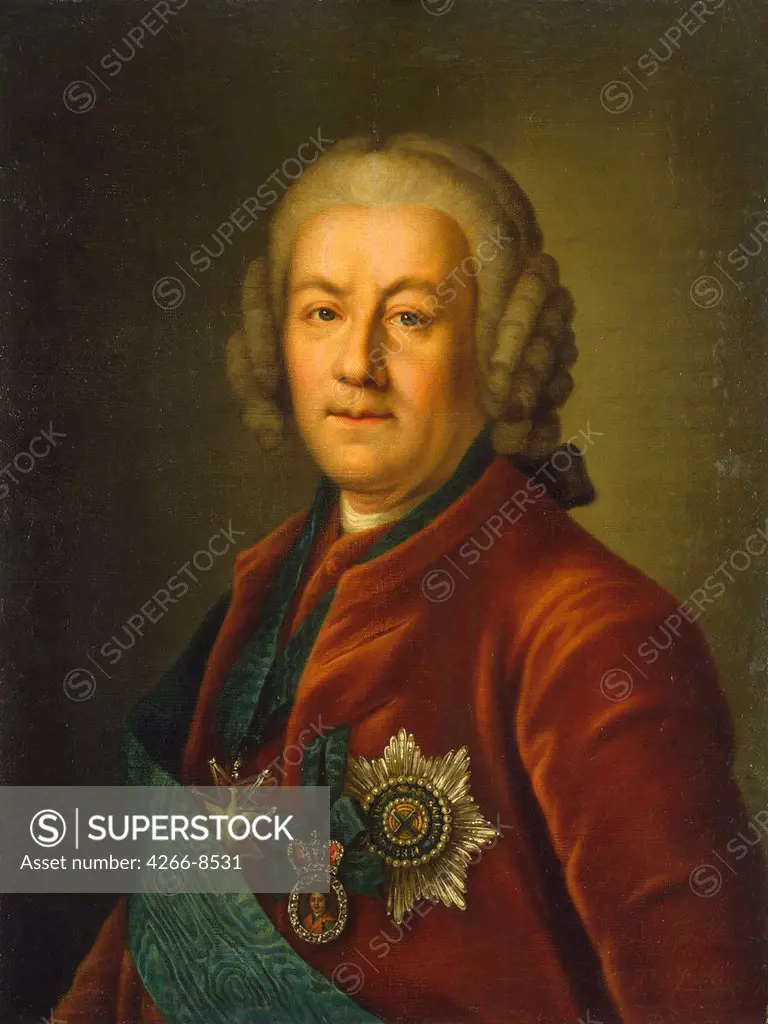 Portrait of count Alexey Bestuzhev-Ryumin by Anonymous artist, Oil on canvas, 1757, Russia, St. Petersburg, State Hermitage, 62x47