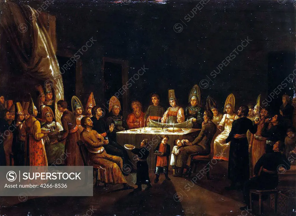 traditional russian wedding by Anonymous artist, Oil on copper, 19th century, Russia, St. Petersburg, State Hermitage, 53x71