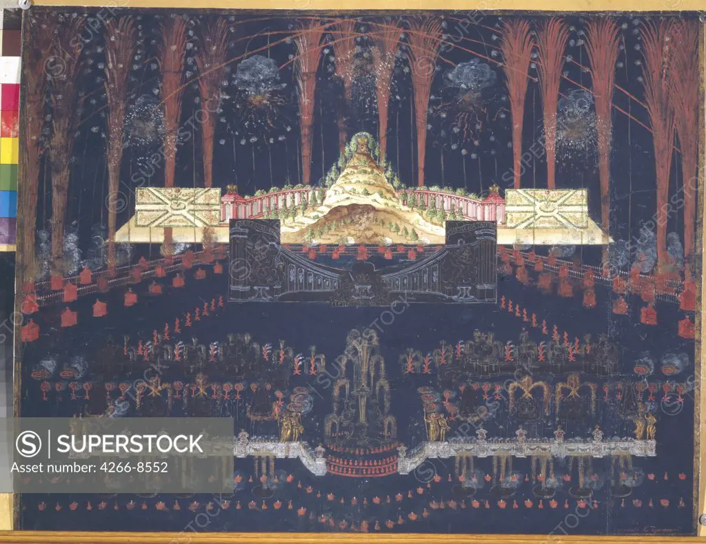 Fireworks by Anonymous artist, Watercolour, Gouache on cardboard, Russia, Moscow, State History Museum,