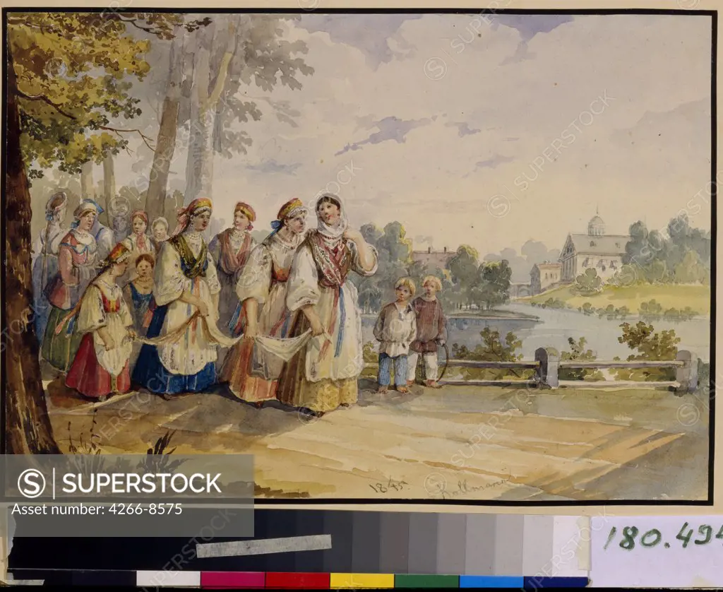 Traditional ceremony by Karl Ivanovich Kolmann, Watercolour on cardboard, 1845, 1786-1846, Russia, Moscow, State A. Pushkin Museum of Fine Arts, 16, 8x24, 5
