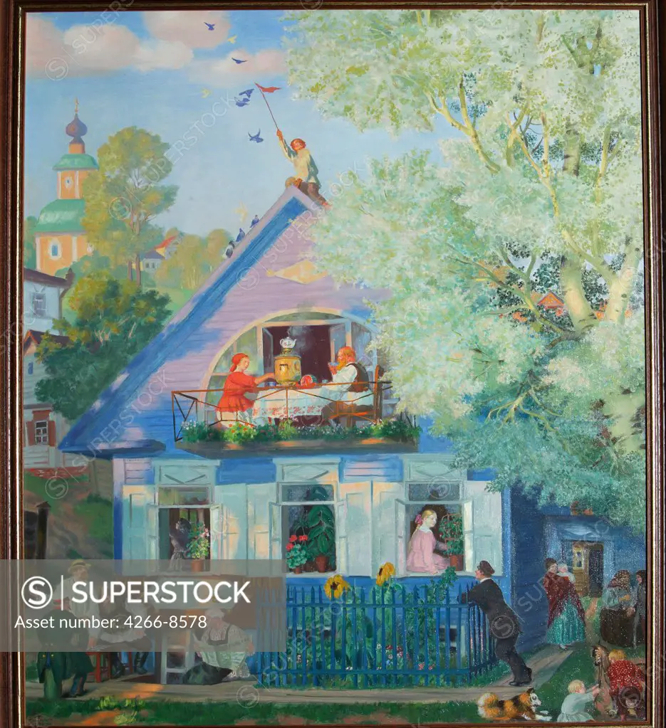 People relaxing outside their house by Boris Michaylovich Kustodiev, Oil on canvas, 1920, 1878-1927, Russia, Saratov, State A. Radishchev Art Museum, 110x110