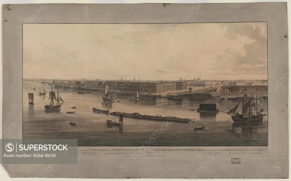 View of Winter Palace and Neva River by John Augustus Atkinson, Etching, watercolour, Between 1805 and 1807, 1775-1831, Private Collection