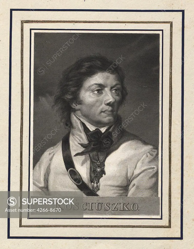 Portrait of Tadeusz Kosciuszko by Antoni Oleszczynski, Copper engraving, 1794-1879, Russia, St. Petersburg, Russian National Library