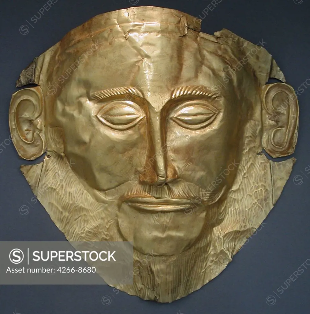 Gold funerary mask of Achaean king known as Mask of Agamemnon, Gold, 16th-15th century BC, Greece, Athens, National Archaeological Museum