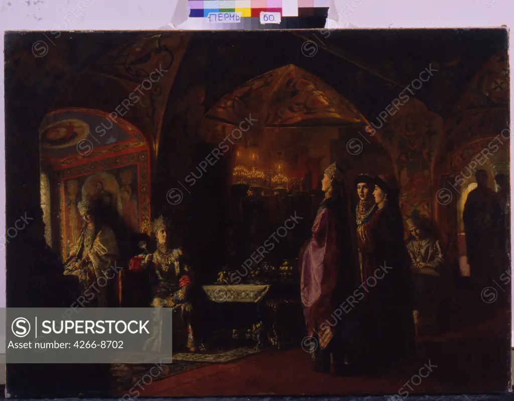 Ornate russian chamber with people by Baron Mikhail Petrovich Klodt, Oil on canvas, 1878, 1835-1914, Perm, Regional Art Gallery, 91x126