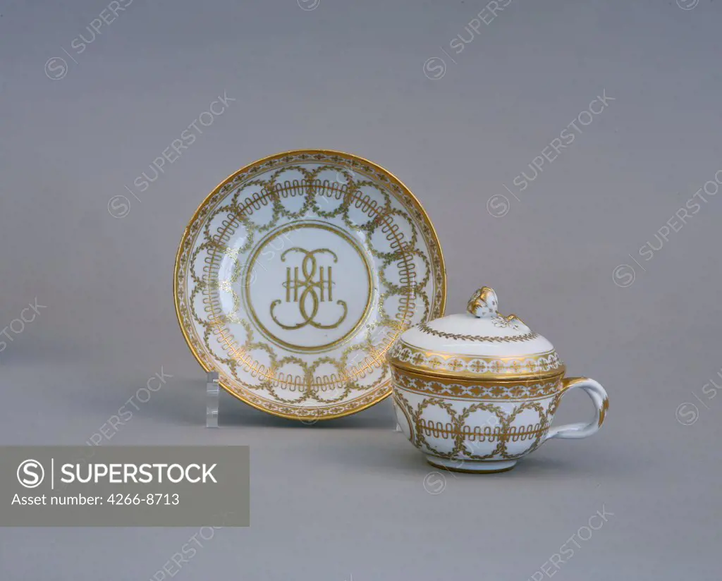 Plate and tea cup by Russian master, Porcelain, overglaze decoration, 1770-1780s, Russia, St. Petersburg, State Open-air Museum Peterhof