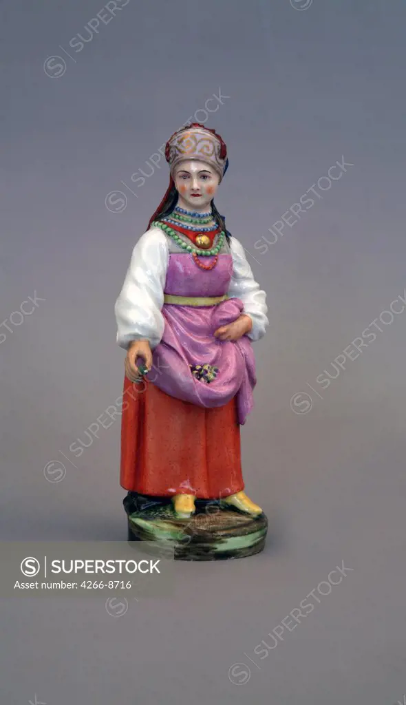 Sculpture of woman in traditional clothing by Jacques-Dominique Rachette, Porcelain, overglaze decoration, 1780-1790, 1744-1809, Russia, St. Petersburg, State Open-air Museum Peterhof