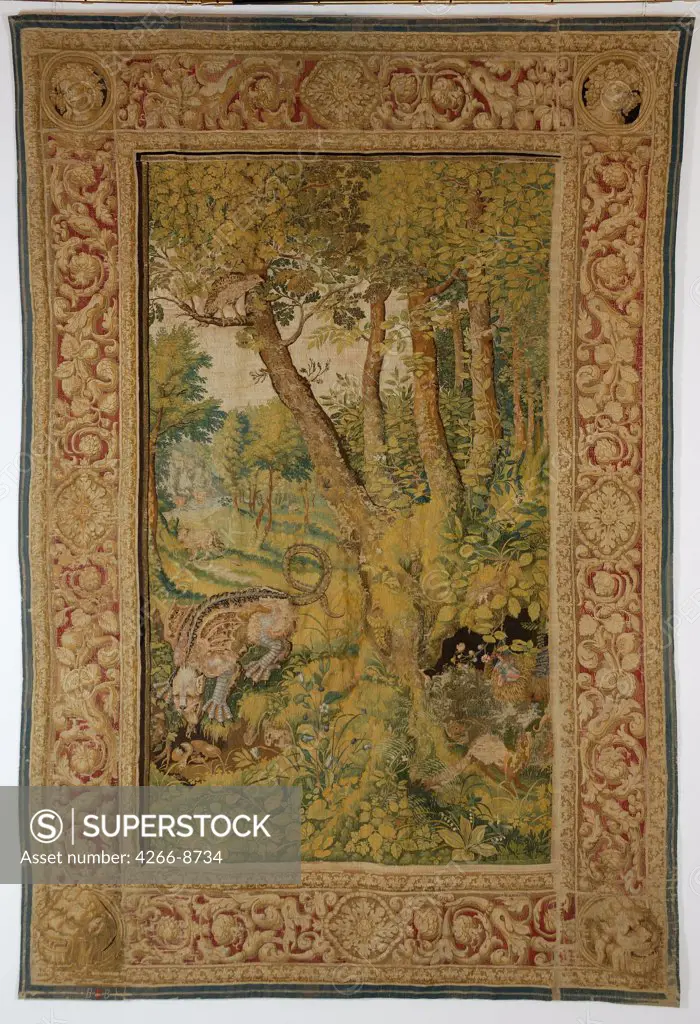 Dragon in forest by Anonymous artist, Wool, silk, gold and silver threads, 17th century, National Museum Palace of the Grand Dukes of Lithuania