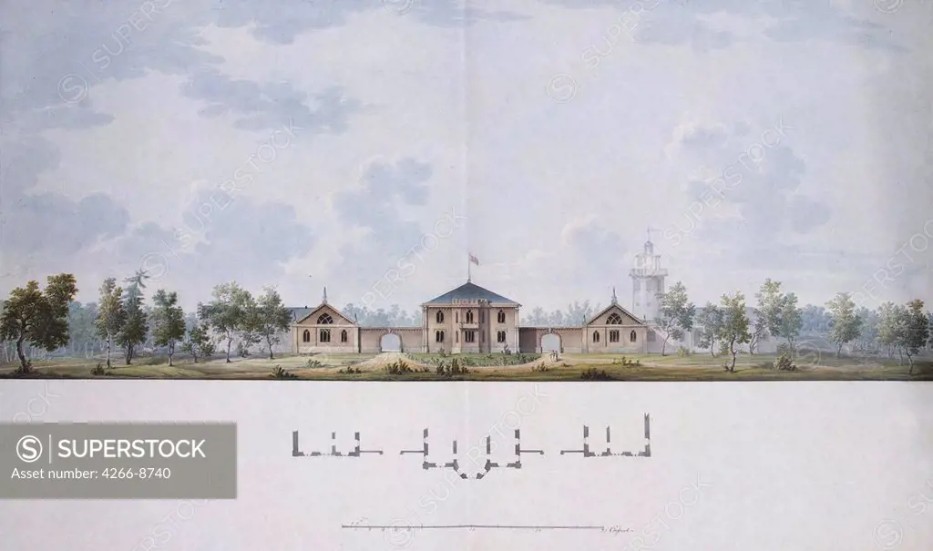 View of Alexander palace in Tsarskoye Selo by Adam Menelaws, Watercolour and ink on paper, 1818, 1753-1831, Russia, St. Petersburg, State Hermitage, 60x96