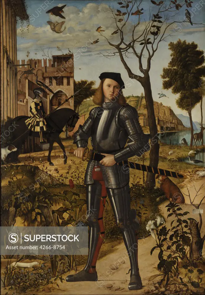Illustration with knight by Vittore Carpaccio, Oil on canvas, 1510, 1460-1526, Thyssen-Bornemisza Collections, 219x152