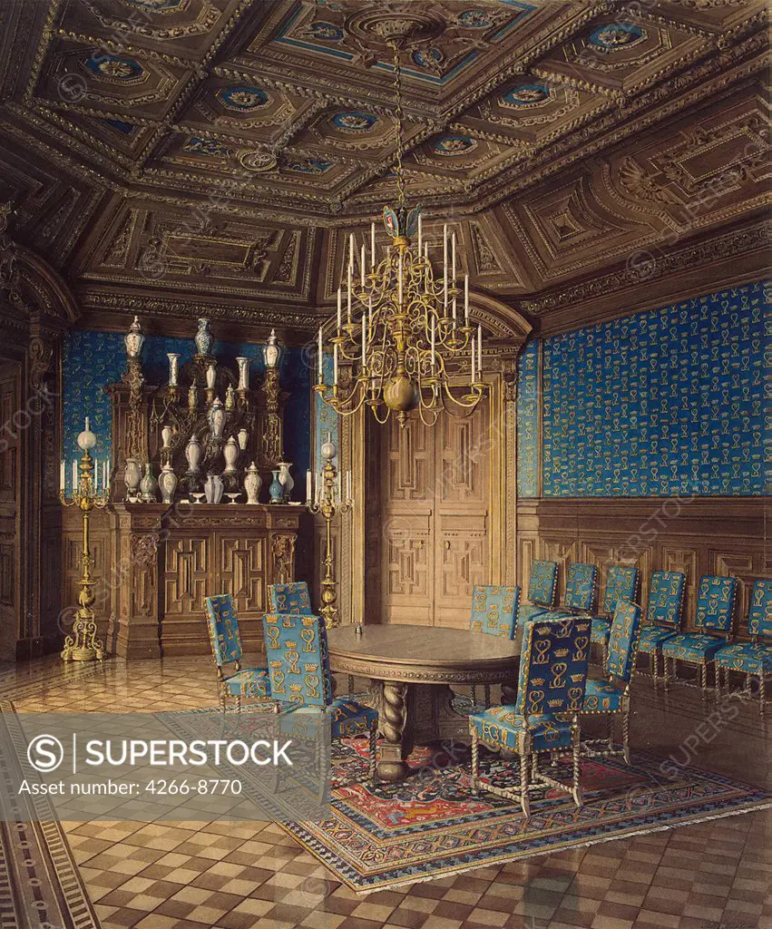 Interior of Stroganov palace by Jules Mayblum, Watercolour on paper, 1860s, 19th century, Russia, St. Petersburg, State Hermitage, 53, 2x45, 3