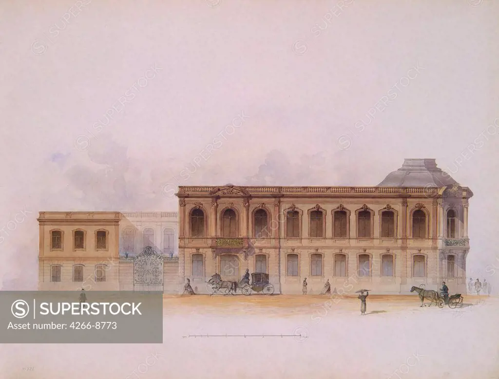 View of Stroganov Palace in Saint Petersburg by Jules Mayblum, Watercolour on paper, 1863, 19th century, Russia, St. Petersburg, State Hermitage, 51x68