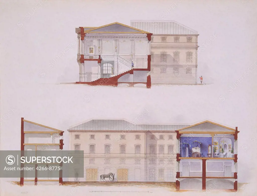 Architecture plan of Stroganov Palace by Jules Mayblum, Watercolour on paper, 1865, 19th century, Russia, St. Petersburg, State Hermitage, 51x68