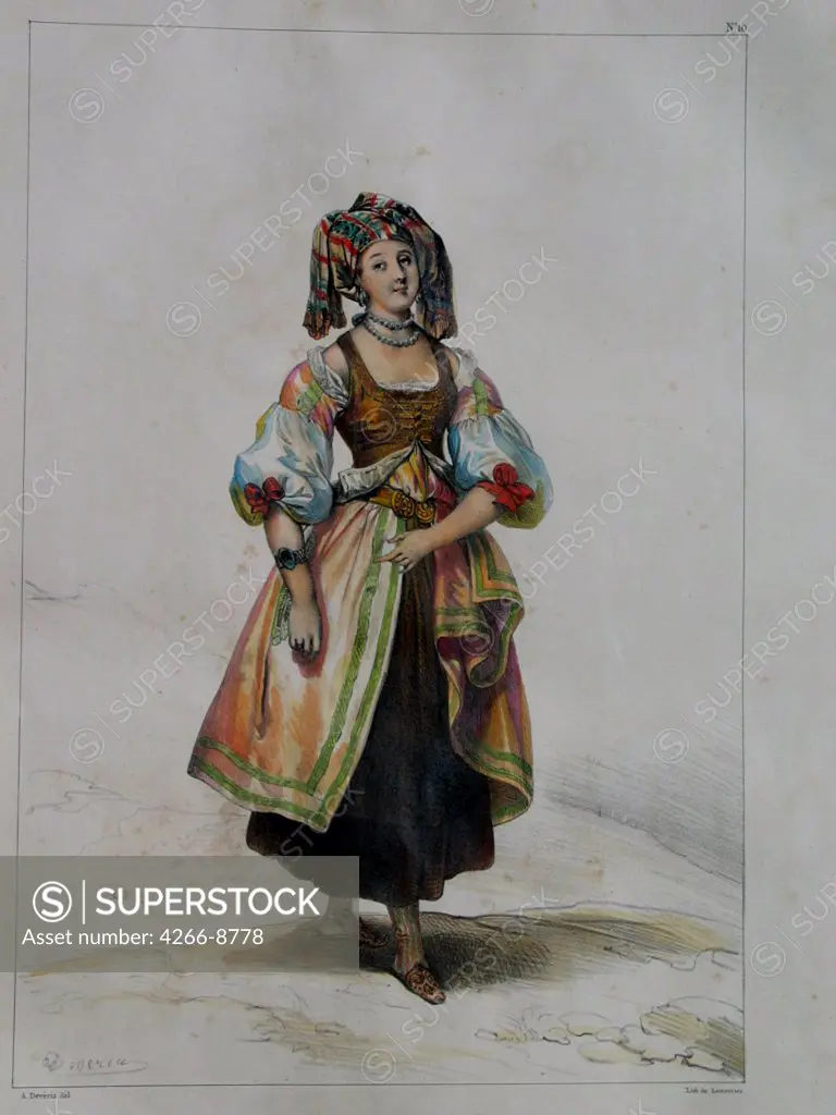 Portrait of woman in traditional clothing by Achille Deveria, Lithograph, watercolour, circa 1843, 1800-1857, Private Collection, 54x36