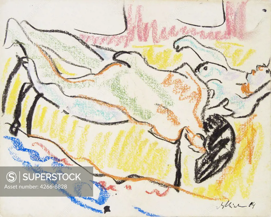 Amorous, naked couple by Ernst Ludwig Kirchner, Pastel on paper, 1908-1909, 1880-1938, Private Collection
