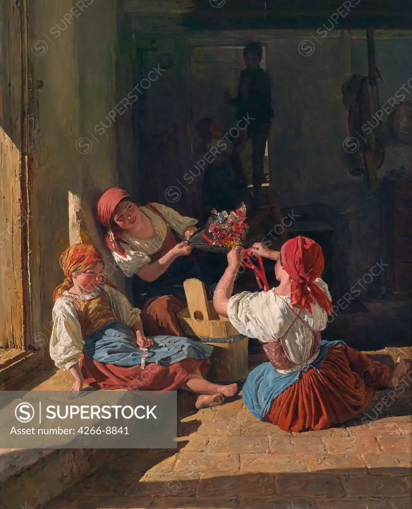 Girls tying bow by Ferdinand Georg Waldmuller, Oil on wood, 1854, 1793-1865, Private Collection, 55, 5x44