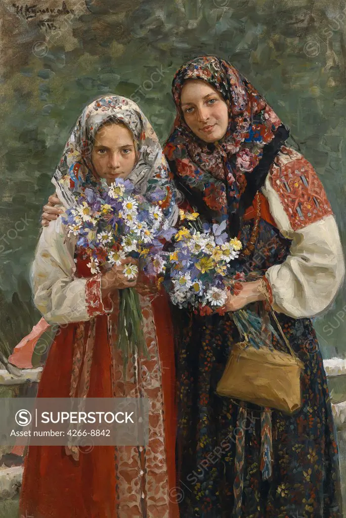 Portrait of mother and daughter wearing traditional clothing by Ivan Semyonovich Kulikov, Oil on canvas, 1913, 1875-1941, Private Collection, 125x85