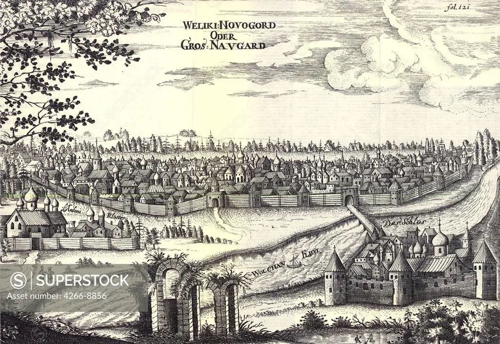 View of Novgorod by anonymous artist, Copper engraving, 1656, Private Collection