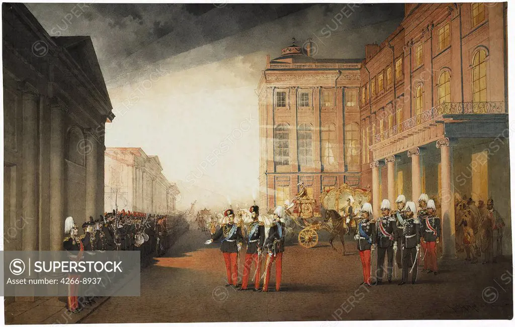Soldiers in front of Anichkov Palace by Anonymous artist, painting, Russia, St. Petersburg, State Hermitage, 54x87