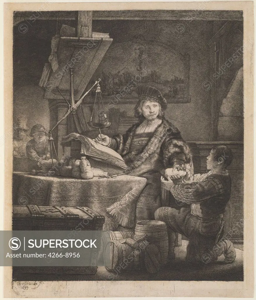 Man weighing goods by Anonymous artist, print, Private Collection, 24, 5x20, 8