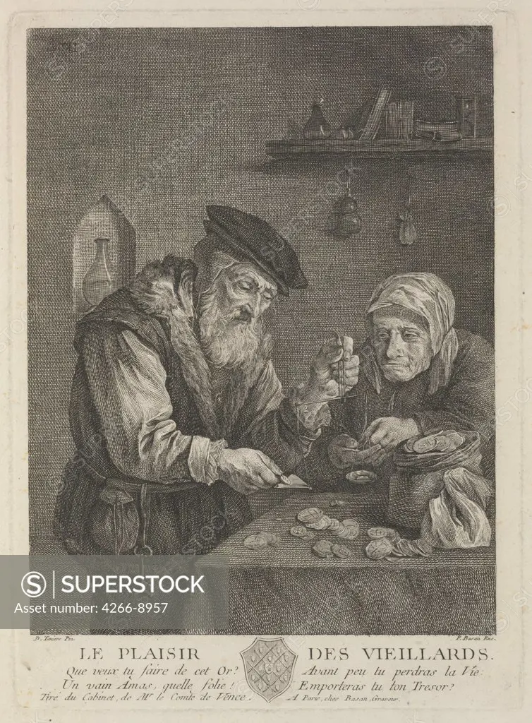Elderly people counting money by Anonymous artist, print, Private Collection, 26, 5x19, 2