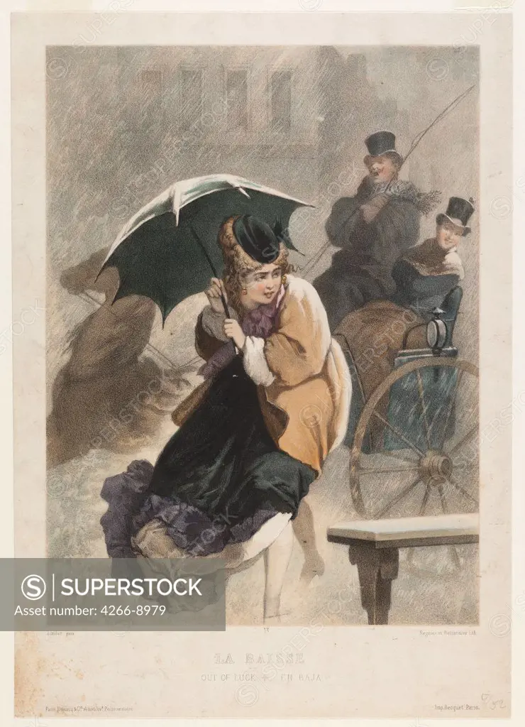 Woman with umbrella in winter by anonymous artist, painting, Private Collection, 29, 8x22