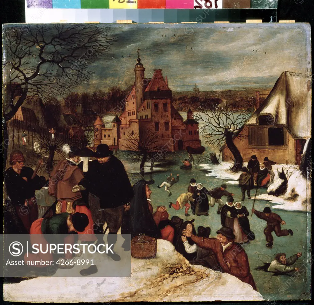 People ice-skating by Pieterc Brueghel the Younger, Oil on wood, circa 1600-1605, 1564-1638, Russia, Moscow, State A. Pushkin Museum of Fine Arts, 39x43