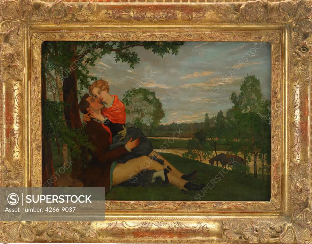 Couple making love at riverbank by anonymous artist, painting, Private Collection, 27, 5x39