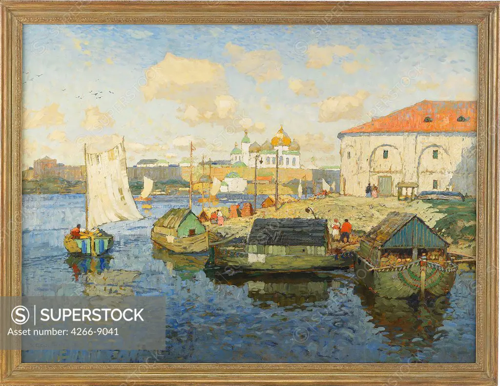 River in town by anonymous artist, painting, Private Collection, 107x142