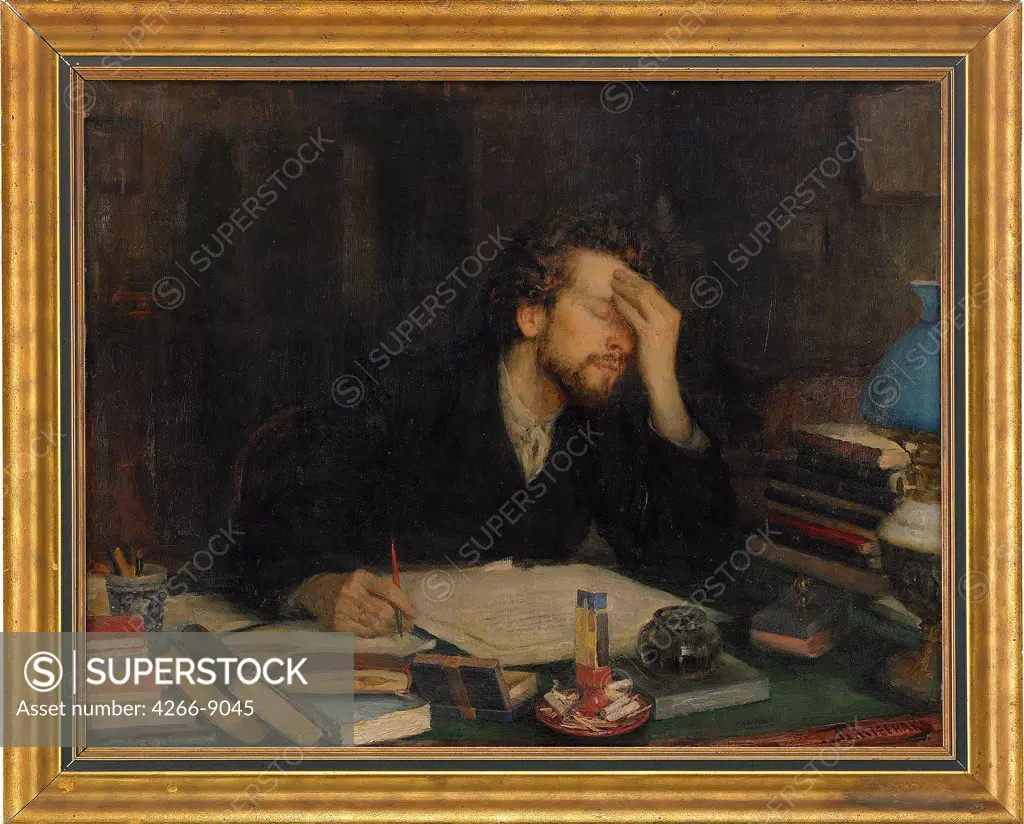 Portrait of writer at work by anonymous artist, painting, Private Collection, 63x81