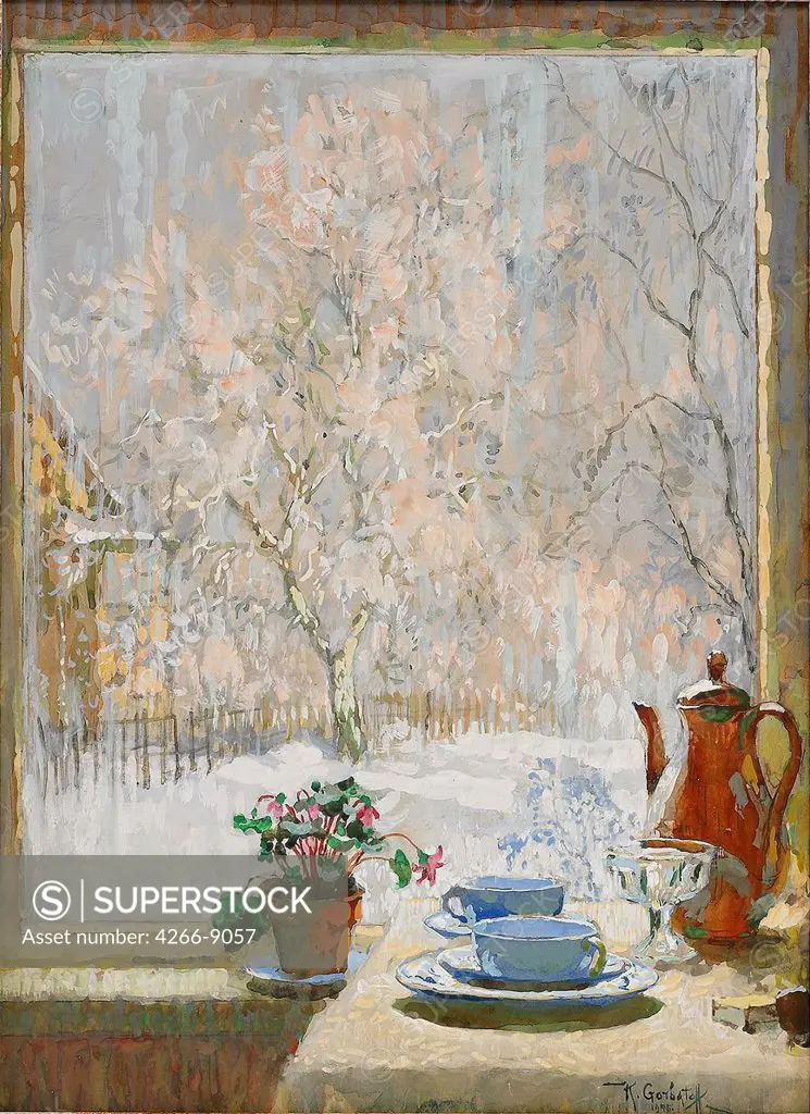 Through the Window in Winter, 1945 by Konstantin Ivanovich Gorbatov (1876 - 1945) Private Collection 47,6x34,9 