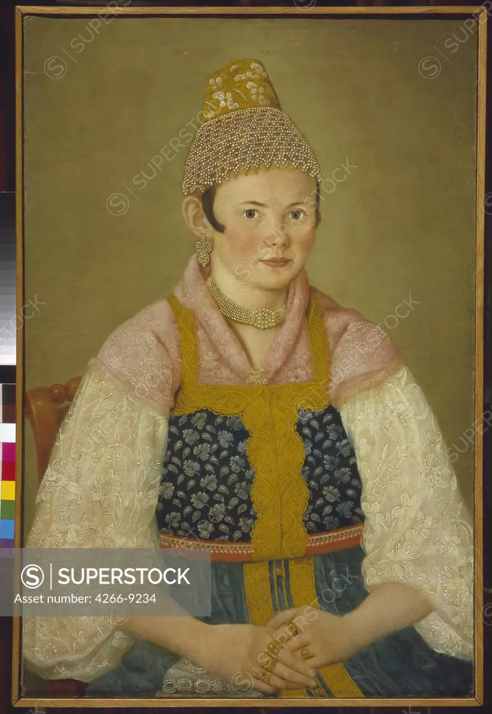 Portrait of woman wearing traditional clothing by anonymous artist, painting, Russia, Moscow, State History Museum, 80x53