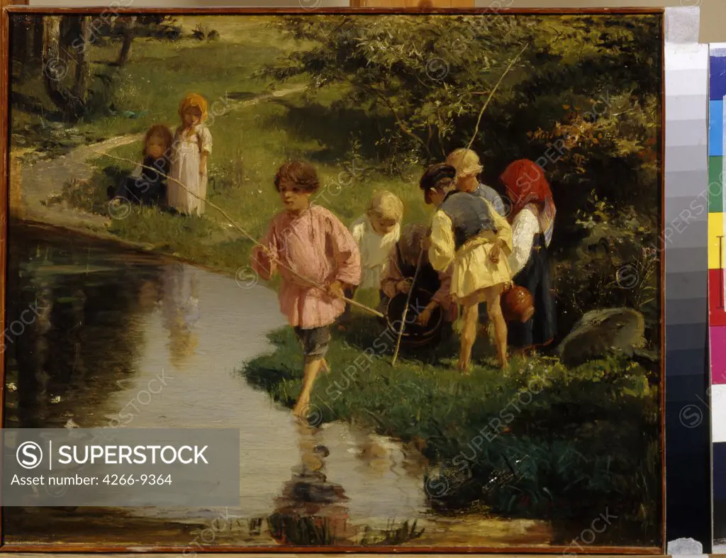 Children fishing at stream by anonymous artist, painting, Russia, Krasnoyarsk, State V. Surikov Art Museum,