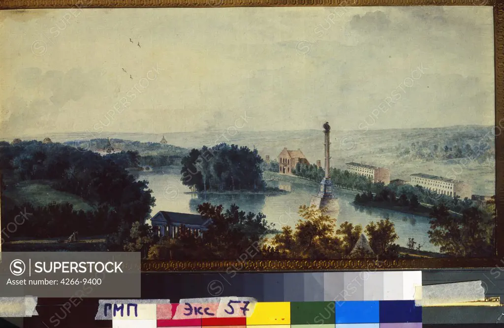 View on Great Palace in Tsarskoye Selo by anonymous artist, painting, Russia, Moscow, State Museum of A.S. Pushkin, 23x45