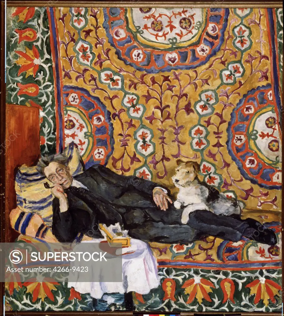 Man relaxing with his fox terrier by Pyotr Petrovich Konchalovsky, Oil on canvas, 1938, 1876-1956, Russia, Moscow, State Tretyakov Gallery, 211x233
