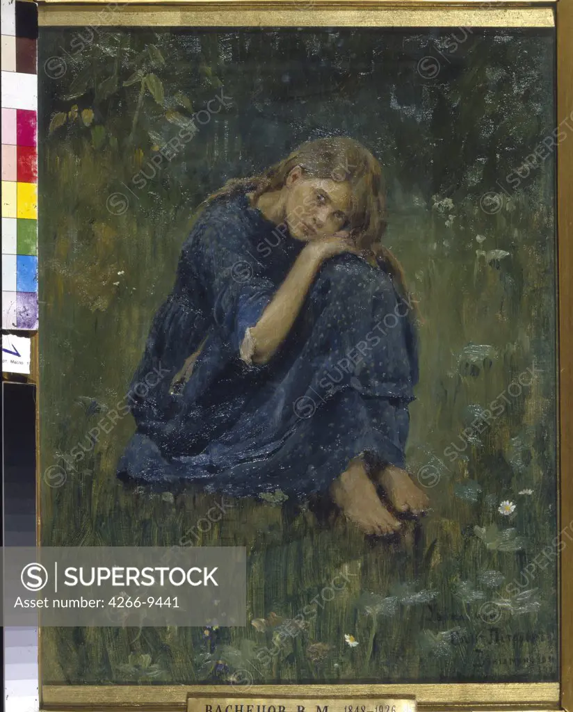 Young woman sitting on grass by anonymous artist, painting, Russia, Moscow, State Tretyakov Gallery,